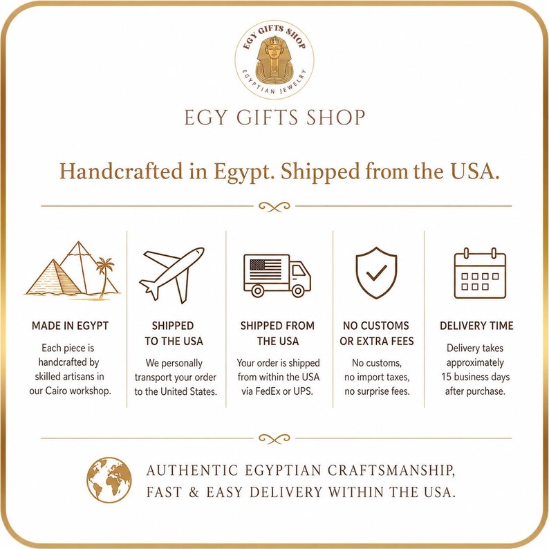 May include: An informational graphic for Egy Gifts Shop featuring a logo with a pharaoh icon, text detailing handcrafted Egyptian jewellery, and five icons representing pyramids, an aeroplane, a delivery truck, a shield with a tick, and a calendar.