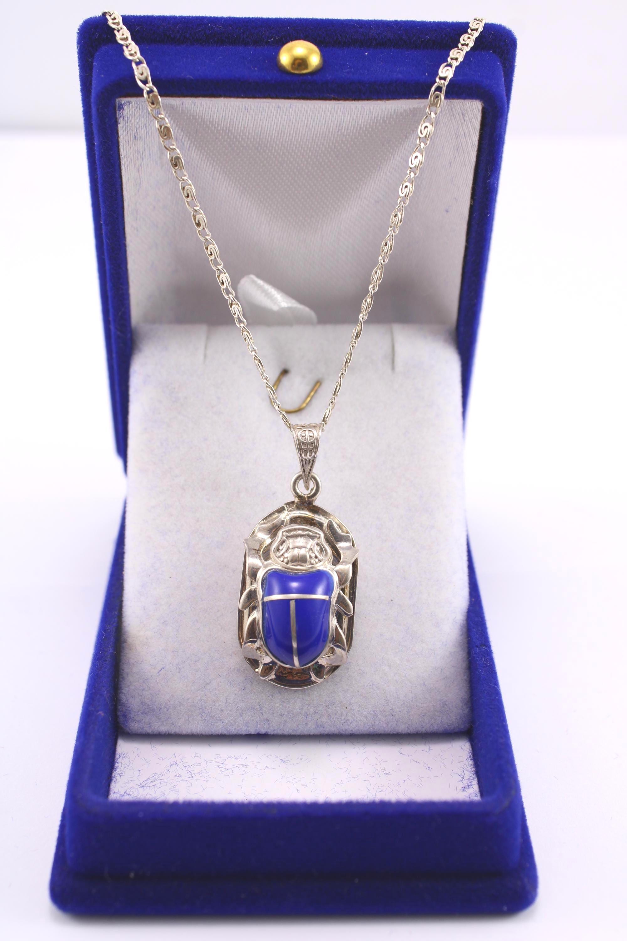 ブルーストーンスカラベネックレススターリングシルバーエジプト