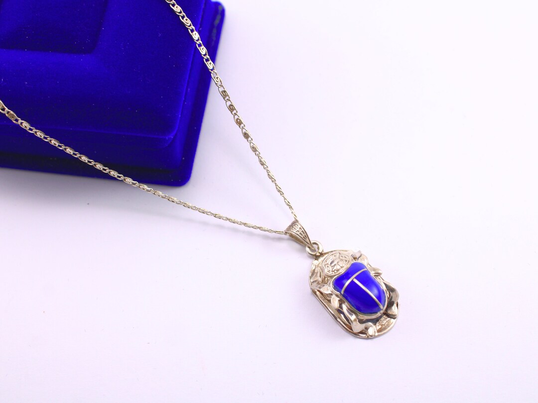 ブルーストーンスカラベネックレススターリングシルバーエジプト