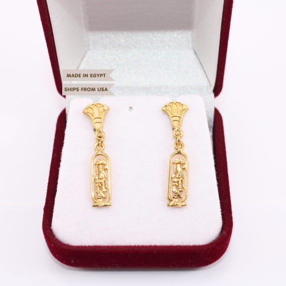 Queen Cleopatra Cartouche 18K Gold Earrings | Egyptian hieroglyphic name jewelry | handmade charm Earring | ancient Egypt symbolic gift