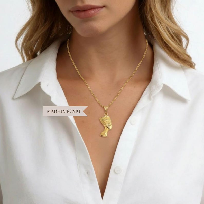 Queen Nefertiti 18K Gold necklace | handmade Egyptian jewelry | pharaonic symbol pendant | ancient Egypt symbolic gift image 2