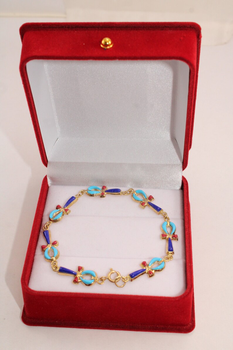 Colored Ankh Cross Bracelet 18K Gold Egyptian Jewelry Key of Life