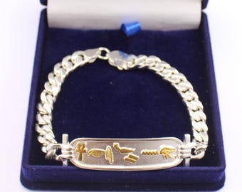 Zilveren Cartouche + Gouden Letters Armband Faraonisch Egyptische Sieraden Gepersonaliseerde Jouw naam in hiërogliefen Engels of Arabisch