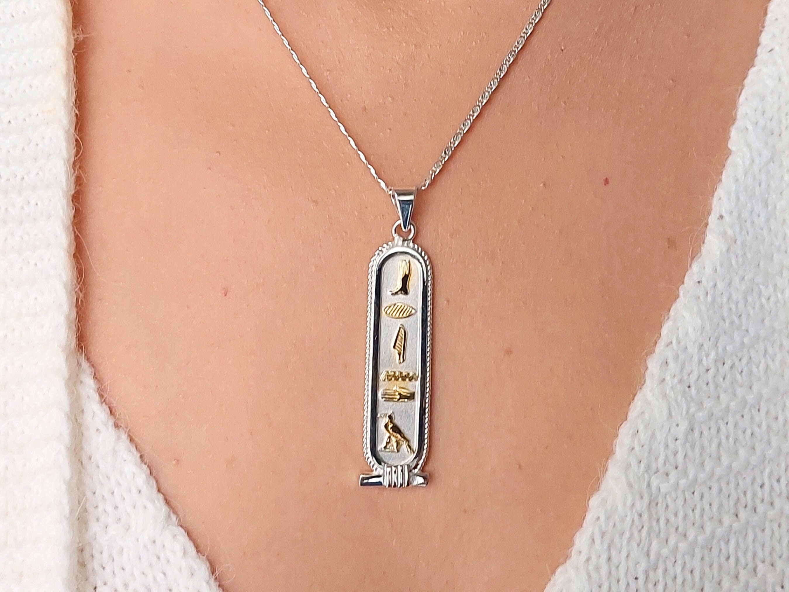 Collier Vintage Pendentif égyptien En Argent 925 - Pendentif 48x12mm, Chaîne 49cm | Bijou Ancien, Poinçonné