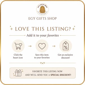 May include: A square graphic with a gold border featuring the EGY GIFTS SHOP logo at the top. The text reads LOVE THIS LISTING? Add it to your favorites. Three icons show a shopping cart, a heart, and a price tag, followed by instructions to click the heart icon, save the item, and get a discount. A final box says FAVORITE THIS LISTING NOW AND WE'LL SEND YOU A SPECIAL DISCOUNT!