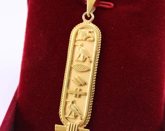 Personalize Necklace Gold Plated Sterling Silver Cartouche Name Egyptian Jewelry Hieroglyphic, English, Arabic 2-sides