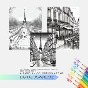 Midnight in Paris Colouring Pages. 3 illustrations to colour. Instant Digital Download PDF in A4 and US Letter.