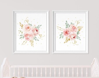 Blush and Gold Watercolor Roses Nursery Decor, Pink Flowers, Farmhouse Floral Prints, Floral Nursery Print, Girls Bedroom Printable Wall Art
