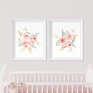 Blush and Gold Watercolor Roses Nursery Decor, Pink Flowers, Farmhouse Floral Prints, Floral Nursery Print, Girls Bedroom Printable Wall Art