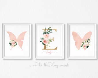 Butterfly Floral Girl's Bedroom Nursery Print | Personalized Initial and Name Custom Printable | Watercolor Floral Wall Art