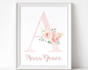 Blush and Gold Watercolor Initial and Name Floral Print | Pink Personalized Custom Printable | Wall Art Decor | Girls Custom Name Print