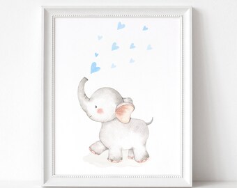 Baby Elephant Nursery Prints | Boy Blue Safari Theme Room Decor Wall Art Printable | Watercolor | Elephant Print