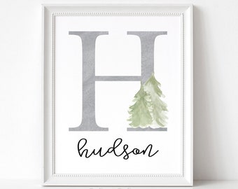 May include: A framed print with a silver letter H and two green watercolor trees. The name "hudson" is written in cursive below the letter. The text "make this day count" is at the bottom of the print.