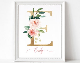 Pink and Gold Watercolor Initial and Name Floral Print | Personalized Monogram Custom Printable | Wall Art Decor | Girl's Custom Name Print