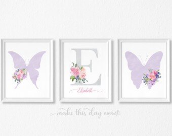 Butterfly Floral Girl's Bedroom Nursery Print | Personalized Initial Name Custom Printable | Watercolor Floral Wall Art | Purple Lavender