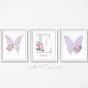 Butterfly Floral Girl&#39;s Bedroom Nursery Print | Personalized Initial Name Custom Printable | Watercolor Floral Wall Art | Purple Lavender