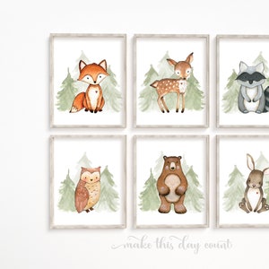 Bosdieren kinderkamer prints, jongens bos kamer decor, baby boy kinderkamer kunst aan de muur, herten vos wasbeer konijn beer, afdrukbare kunst, digitale kunst