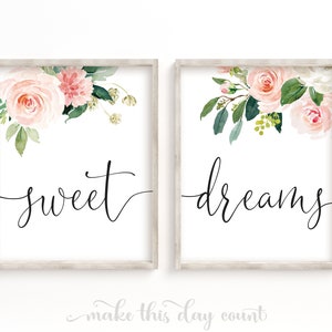 Sweet Dreams Floral Nursery Art Prints Set | Girl's Floral Nursery Print | Blush Pink Watercolor Floral Wall Art | Pink Flowers Printable