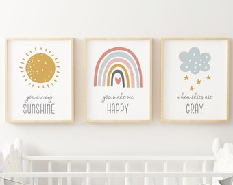 Rainbow Wall Art, Rainbow Prints Set of 3, Weather Prints, You are my sunshine Print, Girls Rainbow Prints, Printable Art, Girls Room