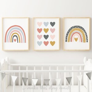 Rainbow Nursery Wall Art, Rainbow Prints Set of 3, Girls Room Decor, Girls Rainbow Prints, Printable Wall Art, Boho Nursery, Hearts, Digital