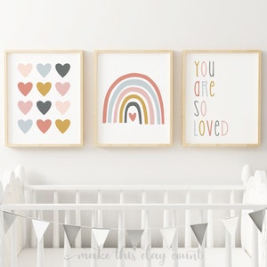 Rainbow Nursery Wall Art, Rainbow Prints Set of 3, You are so loved Quote, Girls Room Decor, Printable Wall Art, Girls Boho Nursery, Hearts