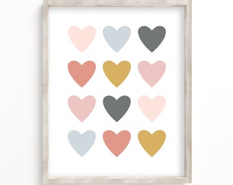Girls Heart Rainbow Prints, Nursery Printable Wall Art, Boho Girls Room Heart Theme Decor, Mustard, Blush Pink, Gray Digital Printable