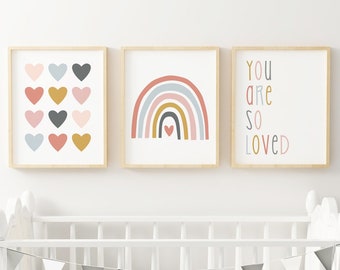 Rainbow Nursery Wall Art, Rainbow Prints Set of 3, You are so loved Quote, Girls Room Decor, Printable Wall Art, Girls Boho Nursery, Hearts