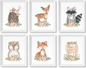 Floral Woodland Forest Animals Deer Fox Owl Bunny Hedgehog Raccoon, Boho Girls Bedroom Nursery Print, Baby Girl Nursery Decor, Boho Animals