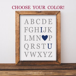 I Love You Alphabet Printable Custom Color, ABC Print, Playroom Art, Gray Nursery Decor, Classroom Printable Wall Art, Custom Gender Neutral