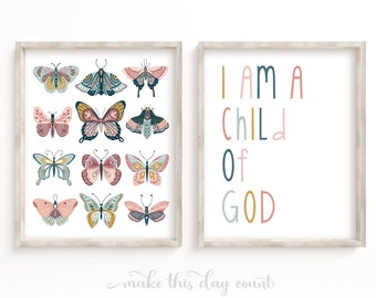 Boho Girl's Bedroom Nursery Prints | Boho Girls Wall Art | Blush Pink Aqua | Butterfly Printable | Boho Butterflies | I am a child of God