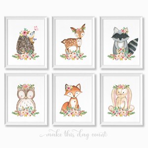 Floral Woodland Forest Animals Deer Fox Owl Bunny Hedgehog Raccoon, Boho Girls Bedroom Nursery Print, Baby Girl Nursery Decor, Boho Animals