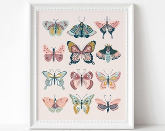 Butterfly Girls Bedroom Nursery Prints, Girls Room Decor Wall Art, Blush Pink Aqua, Boho Butterflies Printable, Vintage Nursery Prints, Sign