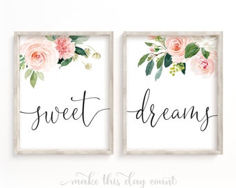 Sweet Dreams Floral Nursery Art Prints Set | Girl's Floral Nursery Print | Blush Pink Watercolor Floral Wall Art | Pink Flowers Printable