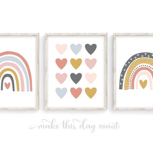 Rainbow Nursery Wall Art, Rainbow Prints Set of 3, Girls Room Decor, Printable Boho Pink Blush Hearts, Rainbow Theme Playroom Digital Poster OGCP teen tween dorm classroom love over bed dresser above
