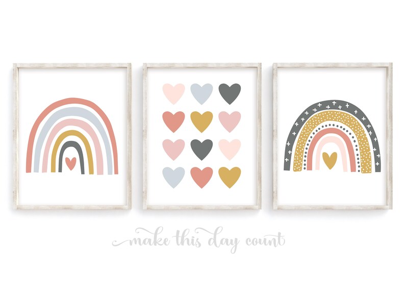 Rainbow Nursery Wall Art, Rainbow Prints Set of 3, Girls Room Decor, Printable Boho Pink Blush Hearts, Rainbow Theme Playroom Digital Poster OGCP teen tween dorm classroom love over bed dresser above