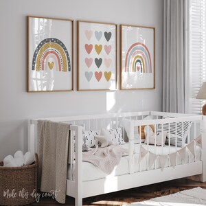 Rainbow Nursery Wall Art, Rainbow Prints Set of 3, Girls Room Decor, Printable Boho Pink Blush Hearts, Rainbow Theme Playroom Digital Poster OGCP teen tween dorm classroom love over bed dresser above