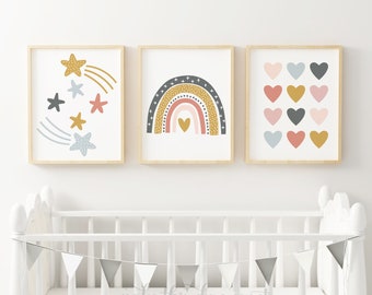 Rainbow Nursery Wall Art, Rainbow Prints Set of 3, Weather Prints, Girls Rainbow Prints, Printable Art, Girls Room Nursery, Hearts