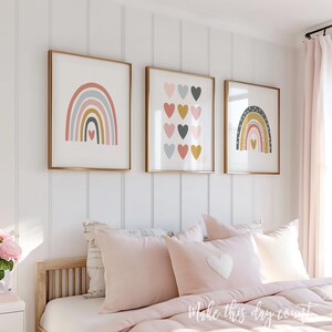 Rainbow Nursery Wall Art, Rainbow Prints Set of 3, Girls Room Decor, Printable Boho Pink Blush Hearts, Rainbow Theme Playroom Digital Poster OGCP teen tween dorm classroom love over bed dresser above