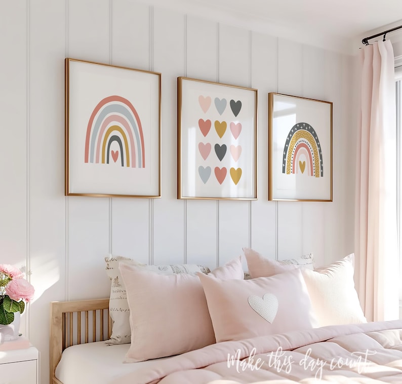 Rainbow Nursery Wall Art, Rainbow Prints Set of 3, Girls Room Decor, Printable Boho Pink Blush Hearts, Rainbow Theme Playroom Digital Poster OGCP teen tween dorm classroom love over bed dresser above