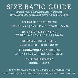 May include: A teal blue guide with white text outlining different size ratios for printing. The guide includes inches for each ratio, such as 4x6, 6x9, 12x18, 20x30, and 24x36. It also includes international paper sizes like A1, A2, A3, and A4. The guide ends with a message to contact the seller for different sizes or versions.
