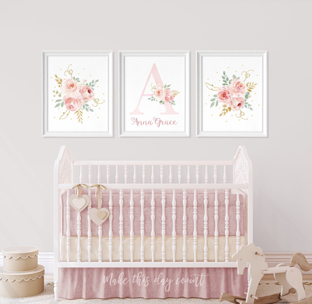 Blush and Gold Watercolor Floral Girl Nursery Prints, Farmhouse Roses ...