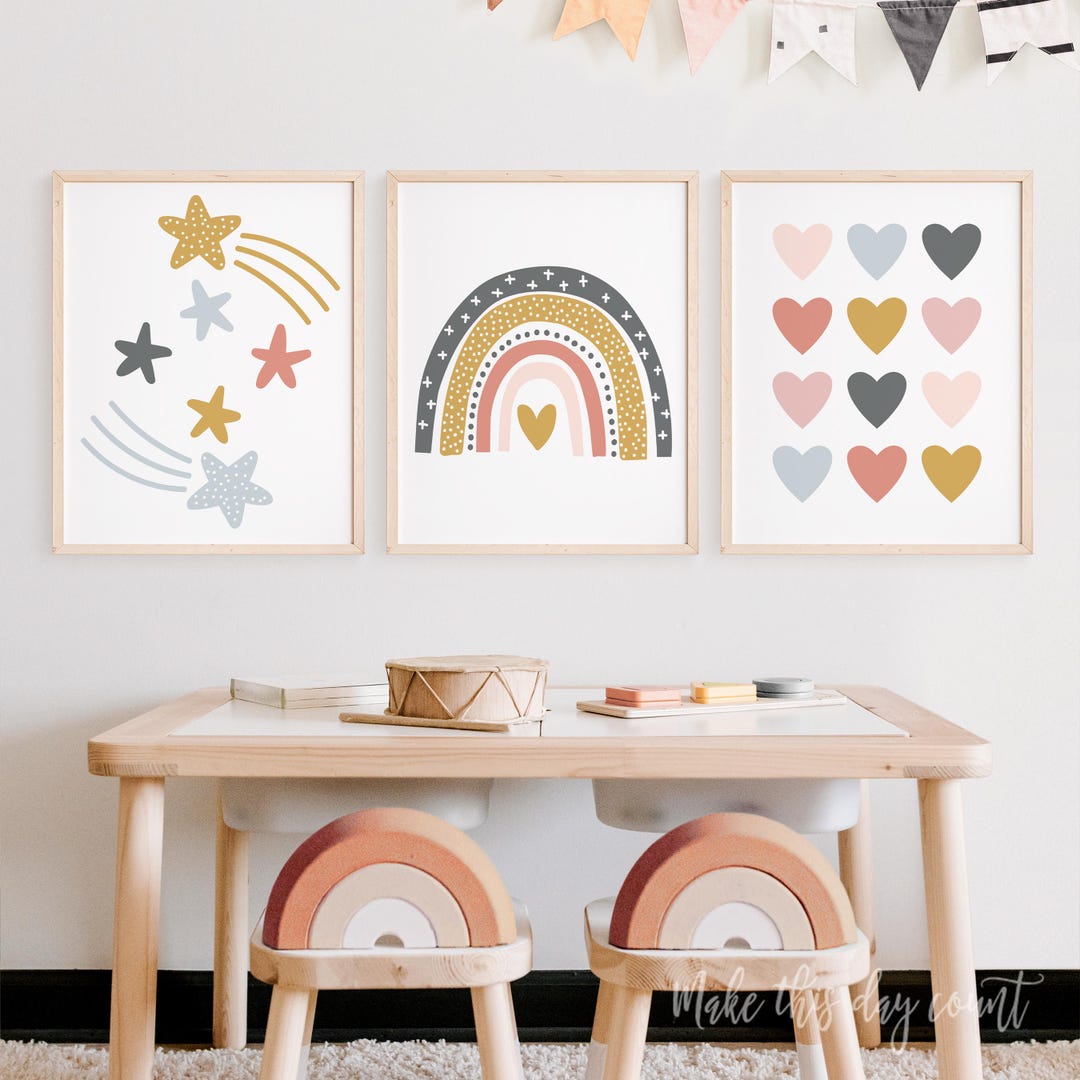 Rainbow Nursery Wall Art Prints Set of 3, Boho Girls Room Decor Digital ...