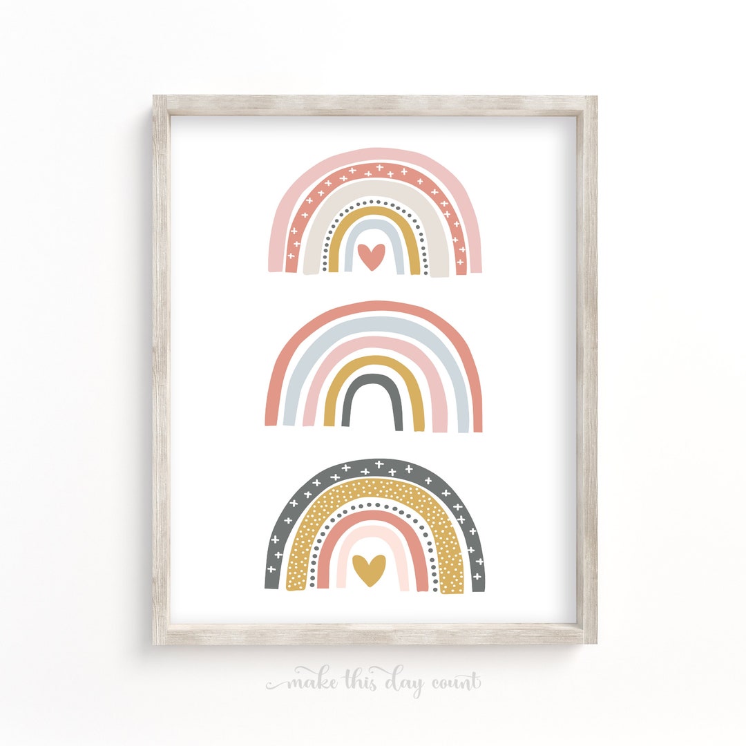 Rainbow Wall Art Print, Boho Rainbows and Hearts Theme Girls Room Decor ...