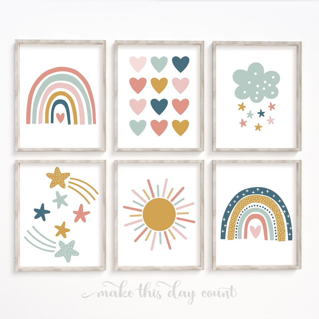 Boho Rainbow Girls Nursery Set of 6 Prints, Childrens Room Wall Art ...