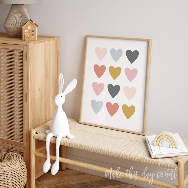 Girls Heart Rainbow Prints, Nursery Printable Wall Art, Boho Girls Room Heart Theme Decor, Mustard, Blush Pink, Gray Digital Printable OGCP Poster Teen Tween Baby Dorm
