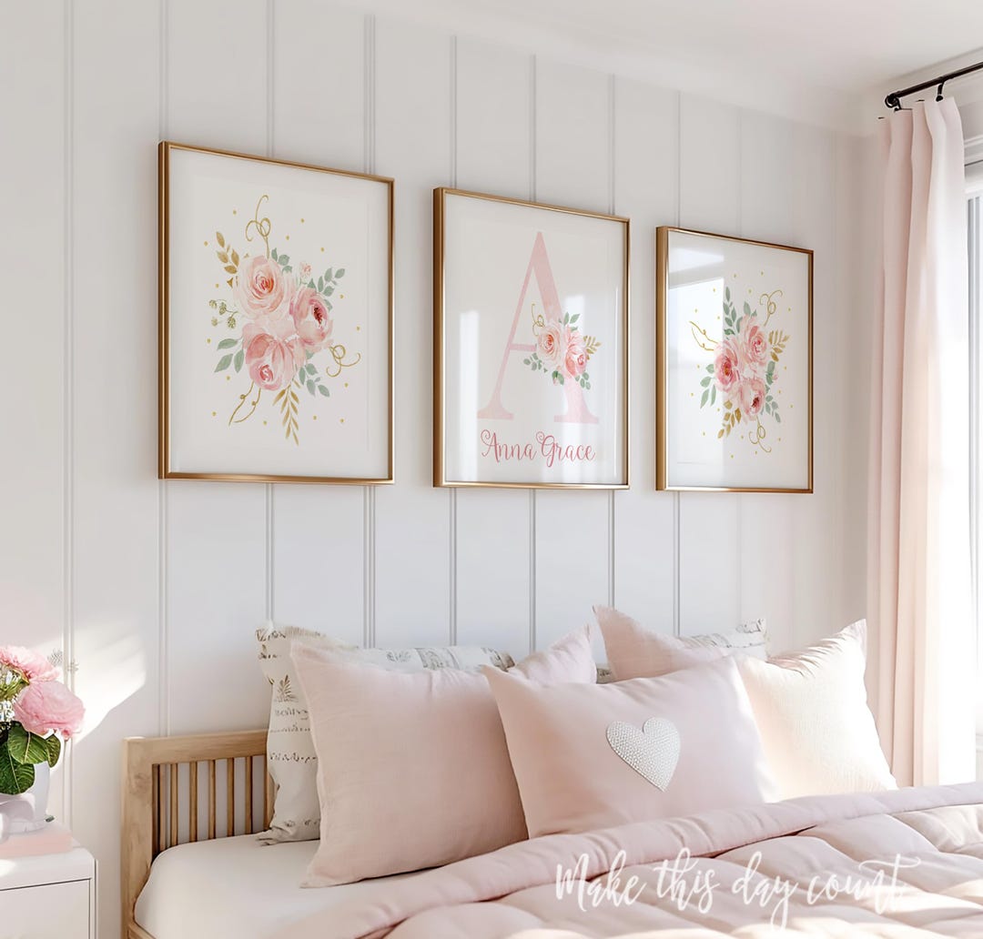 Blush Gold Watercolor Floral Girl Nursery Set of 3 Prints, Boho Pink ...