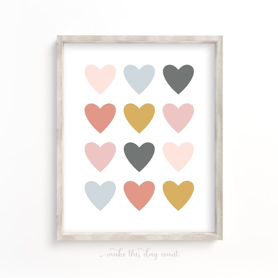 Girls Heart Rainbow Prints, Nursery Printable Wall Art, Boho Girls Room Heart Theme Decor, Mustard, Blush Pink, Gray Digital Printable
