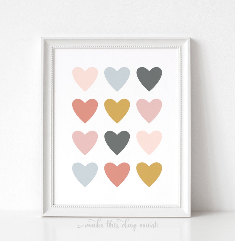 Rainbow Nursery Wall Art, Rainbow Prints Set of 3, Girls Room Decor, Printable Boho Pink Blush Hearts, Rainbow Theme Playroom Digital Poster OGCP teen tween dorm classroom love over bed dresser above