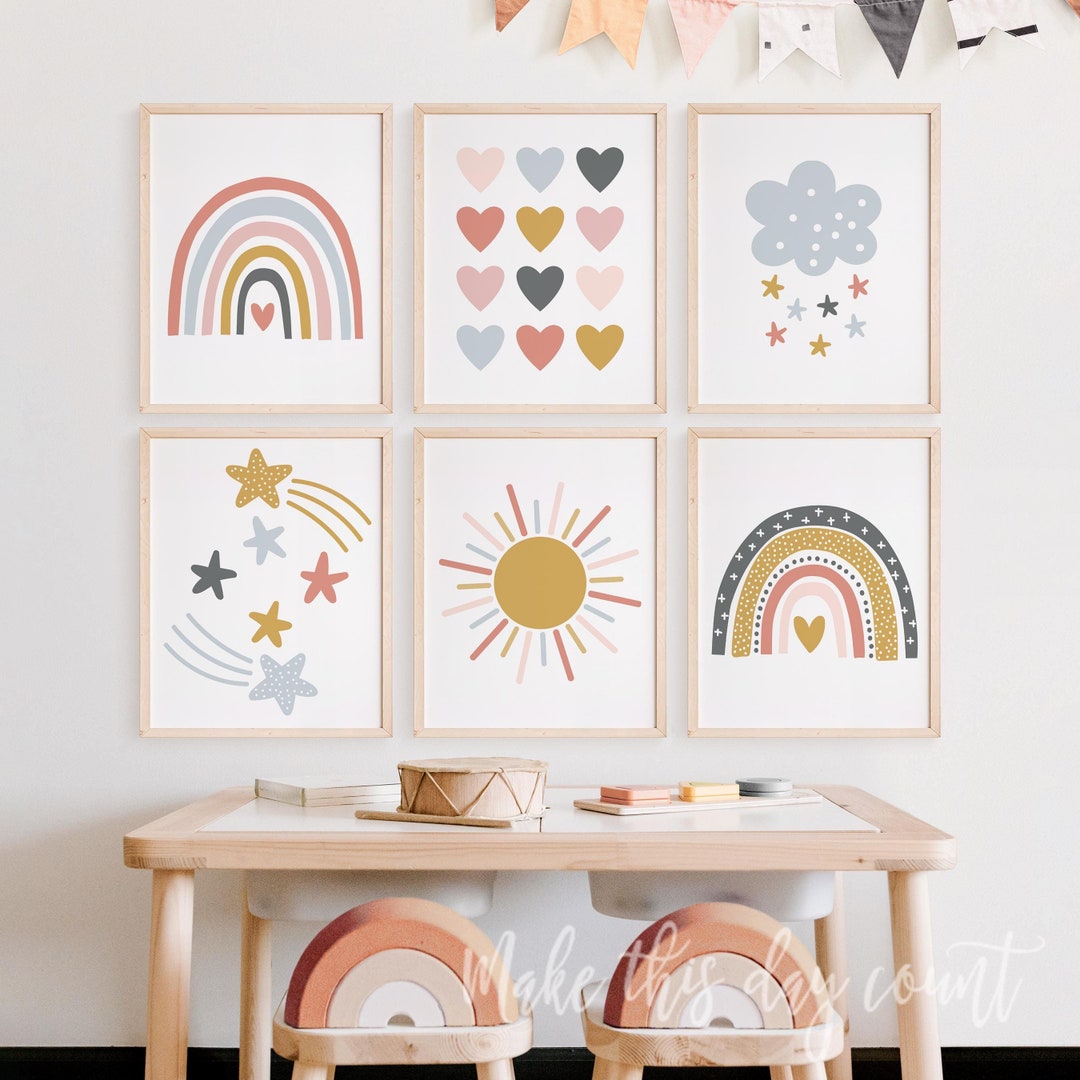 Rainbow Wall Art Prints, Set of 6 Girls Rainbow Nursery or Room Decor ...