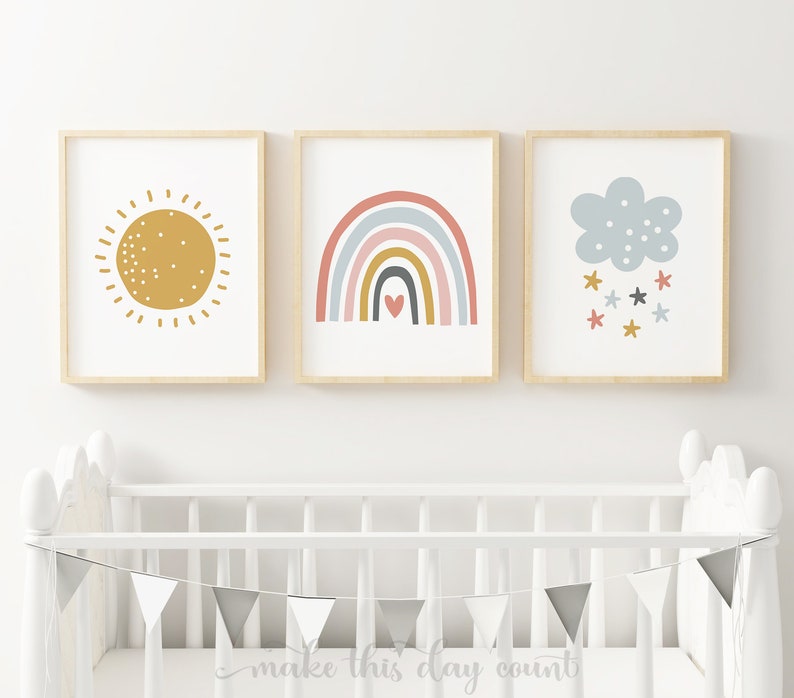 Rainbow Nursery Wall Art, Rainbow Prints Set of 3, Weather Prints, Girls Rainbow Prints, Printable Art, Girls Room Nursery Decor, Digital image 1